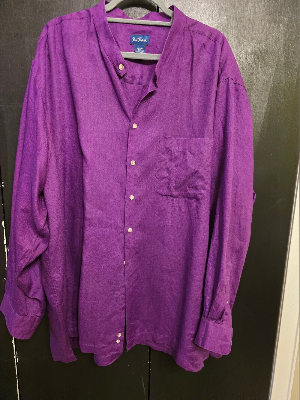Paul Fredrick Purple Band Collar Casual Button-Down Shirt 100% Linen 3XL